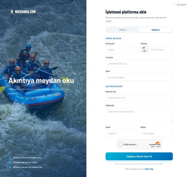 Macerabul sağlayıcı profil oluşturma ekranı